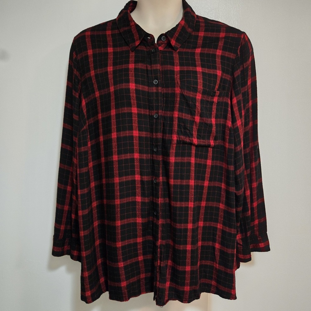 Lane Bryant 24 Red Black Buffalo Plaid Shirt Button Front Fall Cozy Rustic